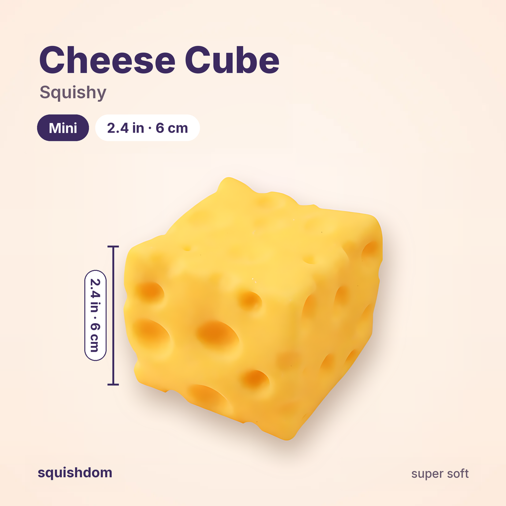 Cheese Cube Squishy size guide · Mini 2.4 in (6 cm) · by Squishdom