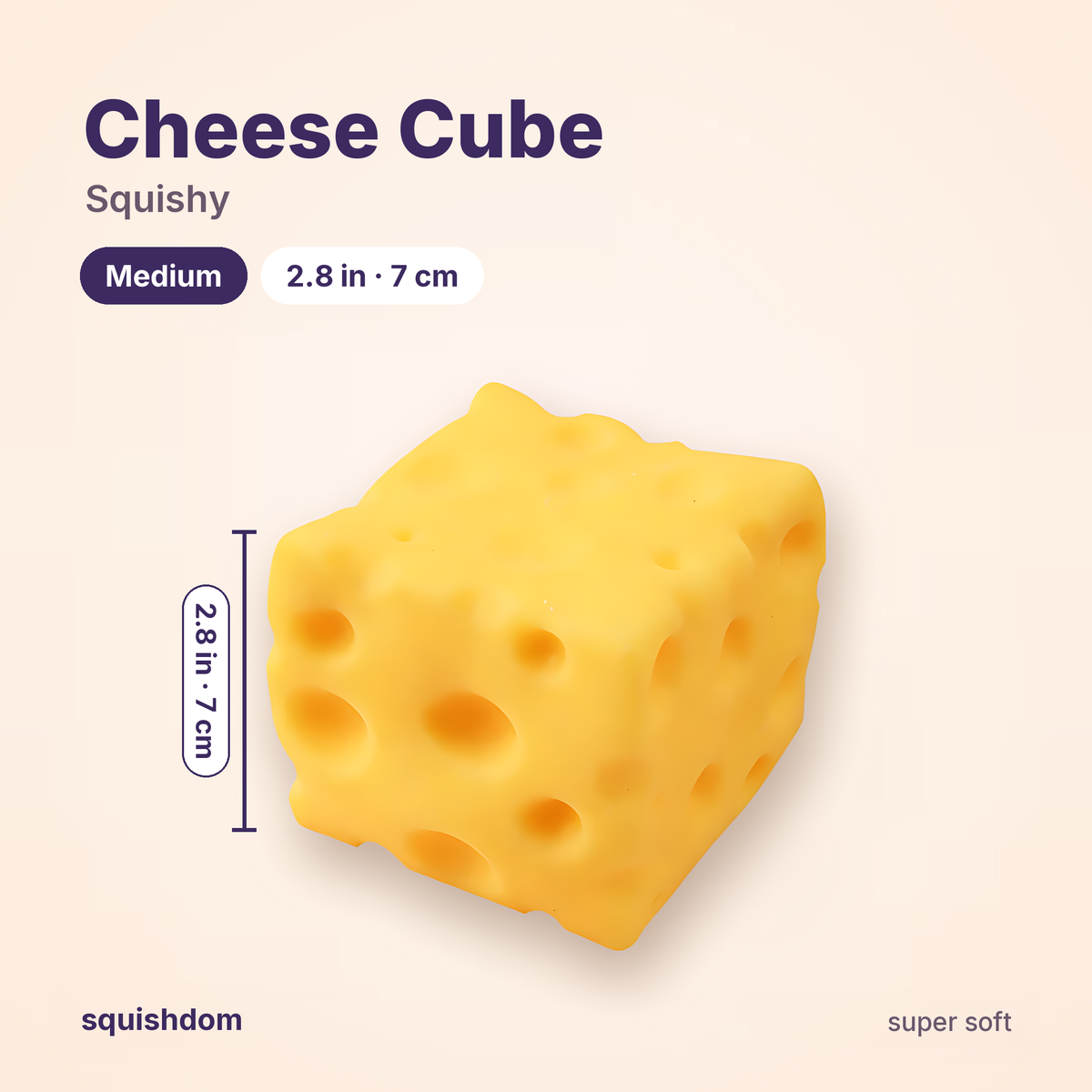 Cheese Cube Squishy size guide · Medium 2.8 in (7 cm) · by Squishdom